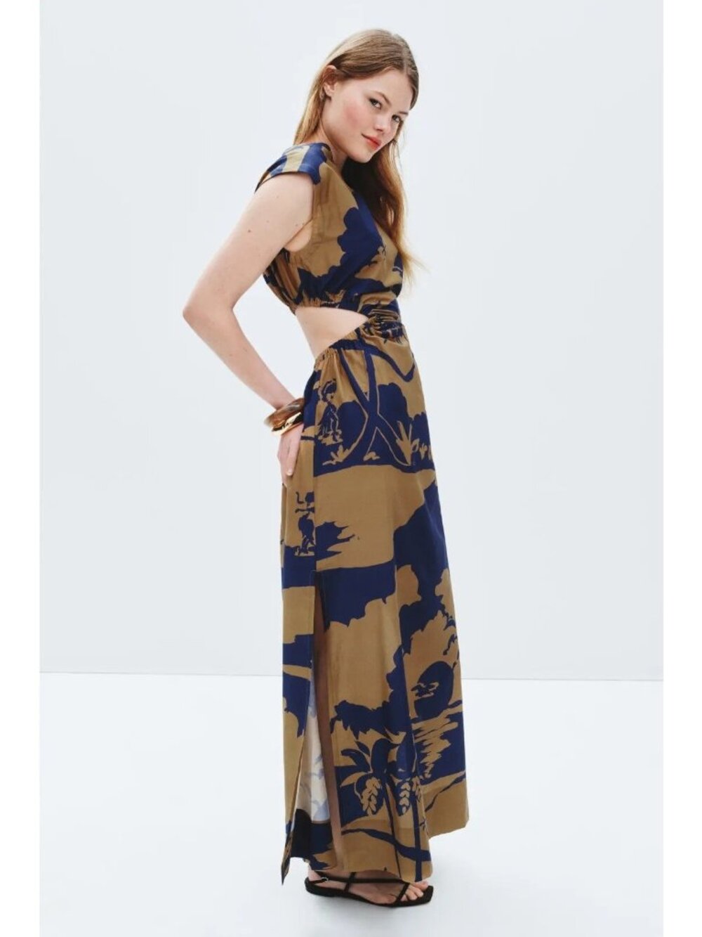 Soleil Soleil Joey Dress in Khaki Navy Blue 1 USA 4 Womens Cutout Maxi Gown